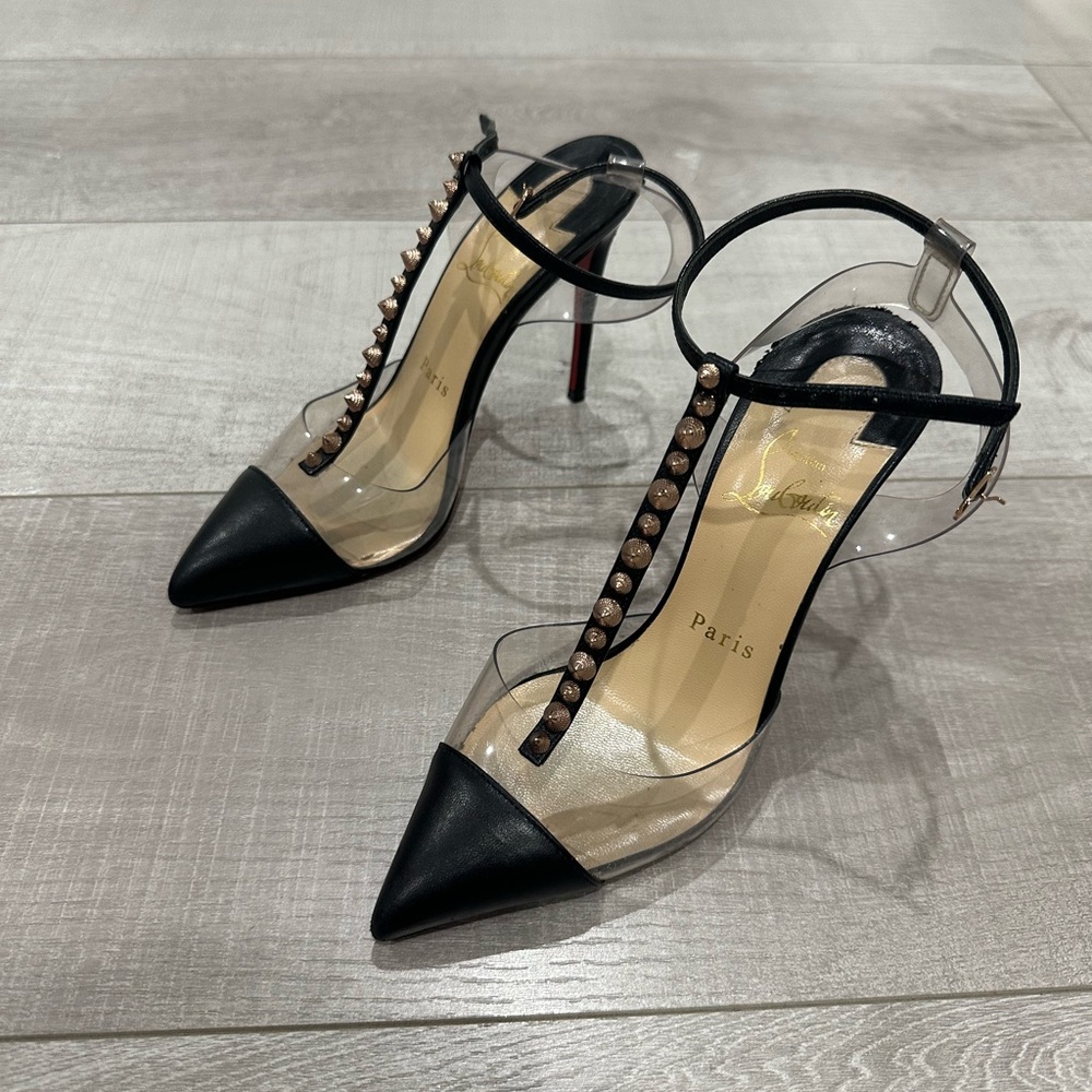 Christian Louboutin Black and Rose Gold Studded Heels